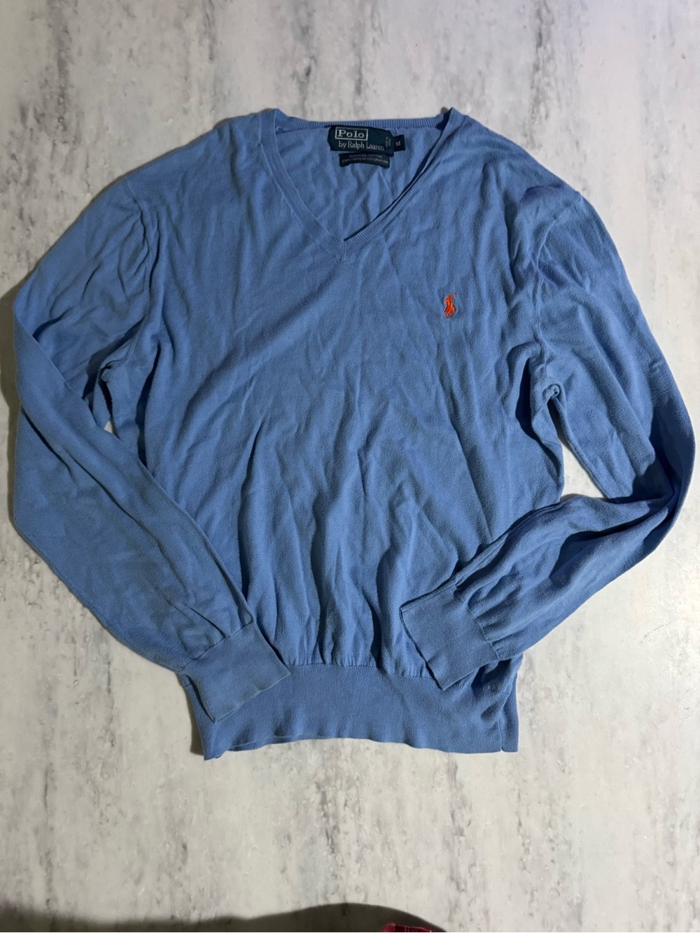 Vintage Classic Polo Ralph Lauren Men's Blue V-Neck Sweater with Orange Pony M